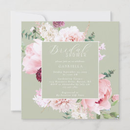 Elegant Pink Floral Light Sage Green Bridal Shower 招待状