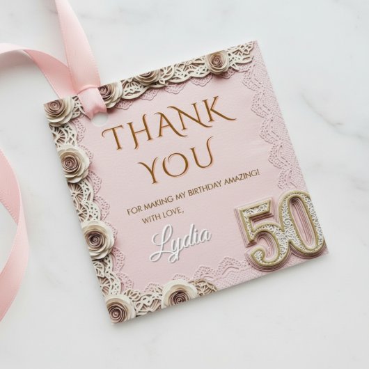 Elegant Pink Floral Papercut Style 50th Birthday  フェイバータグ