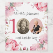 Elegant Pink Floral Photo 100th Birthday ワインラベル (シングルラベル)