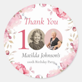 Elegant Pink Floral Photo 100th Birthday Thank You ラウンドシール