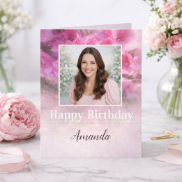 Elegant Pink Floral Photo Birthday for Her カード
