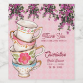 Elegant Pink Floral Stacked Teacups Bridal Shower ワインラベル (シングルラベル)