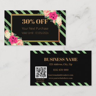 Elegant Pink Floral Stripes QR Code Discount Card 割引カード