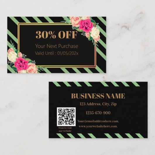 Elegant Pink Floral Stripes QR Code Discount Card 割引カード (正面/裏面)