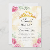 Elegant Pink Floral Sweet Sixteen Gold Birthday  招待状 (正面)