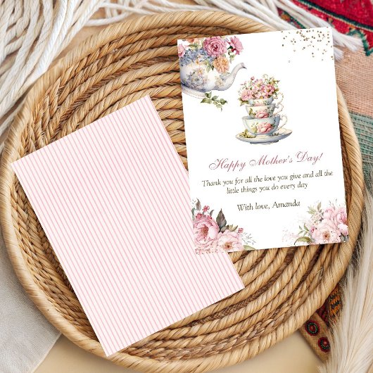 Elegant Pink Floral Teacup Mother’s Day カード