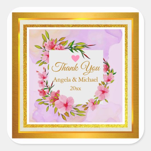 Elegant Pink Floral Thank You Wedding Favor スクエアシール (正面)