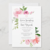 Elegant Pink Floral Watercolor Bat Mitzvah Party 招待状 (正面)