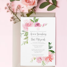 Elegant Pink Floral Watercolor Bat Mitzvah Party