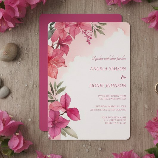 Elegant Pink Floral Watercolor Wedding 招待状
