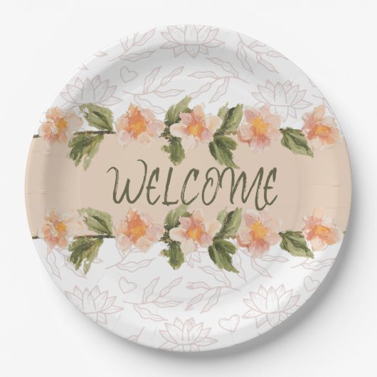 Elegant Pink Floral Watercolor Welcome Napkins ペーパープレート (正面)