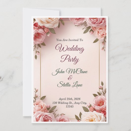 Elegant Pink Floral Wedding Invitation 招待状 (正面)