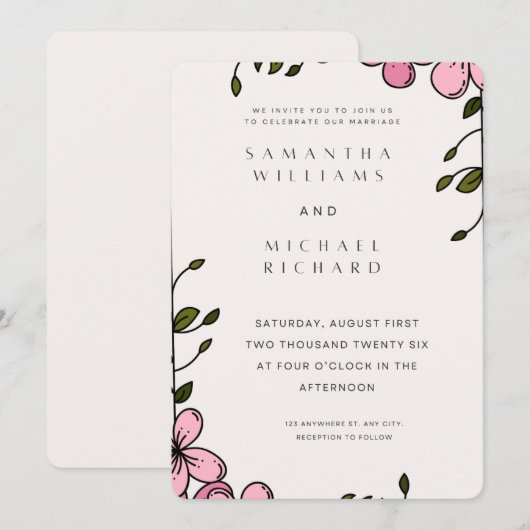 Elegant Pink Floral Wedding Invitation - Customiza 招待状 (正面/裏面)