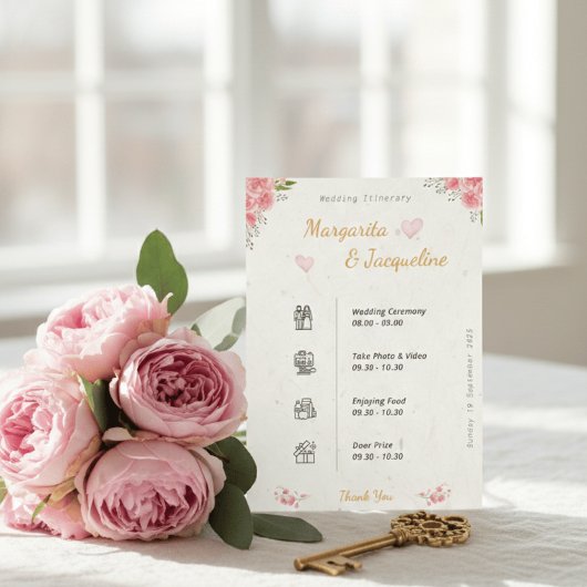 Elegant Pink Floral Wedding Itinerary Timeline エンクロージャーカード