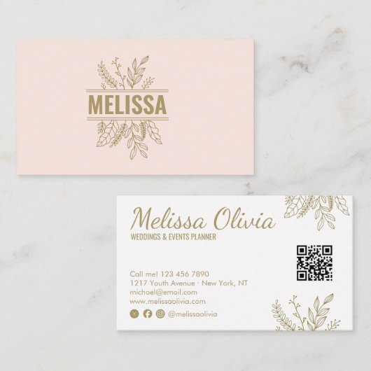 Elegant pink floral Wedding QR Code business card 名刺 (正面/裏面)