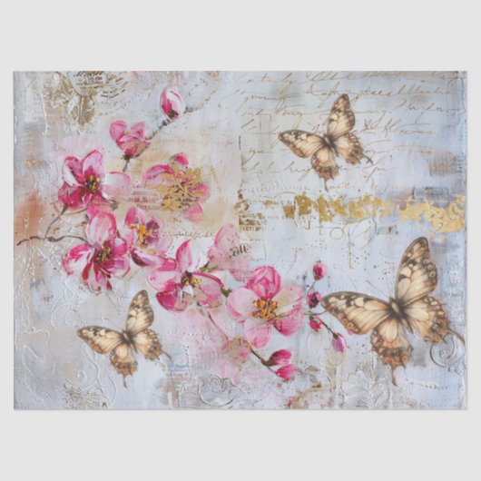 Elegant Pink Florals Butterflies Vintage Decoupage 薄葉紙 (正面)