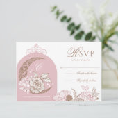 Elegant Pink Florals Moon Stars Tiara Quinceañera 出欠カード (スタンド正面)