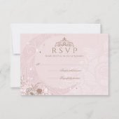 Elegant Pink Florals Moon Stars Tiara Quinceañera 出欠カード (正面)