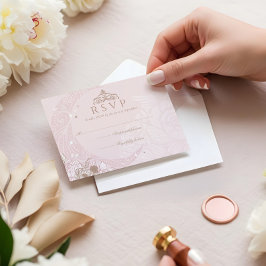 Elegant Pink Florals Moon Stars Tiara Quinceañera 出欠カード