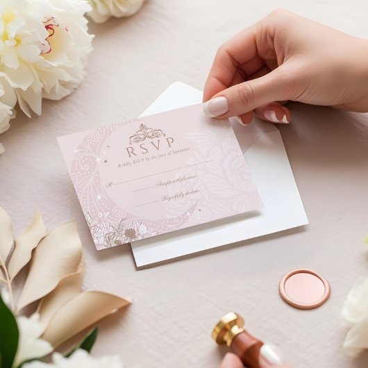 Elegant Pink Florals Moon Stars Tiara Quinceañera 出欠カード