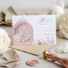 Elegant Pink Florals Moon Stars Tiara Quinceañera 出欠カード