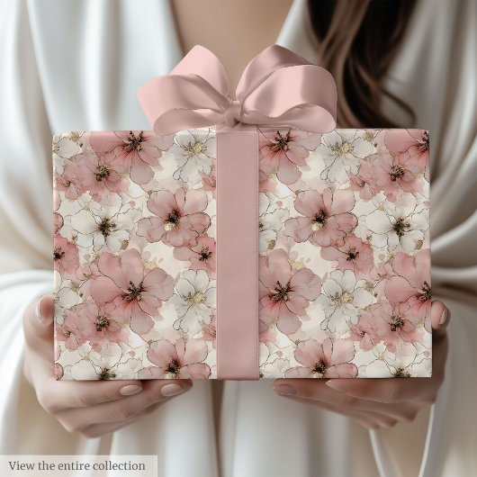 Elegant pink flowers and gold birthday paper wrap ラッピングペーパー