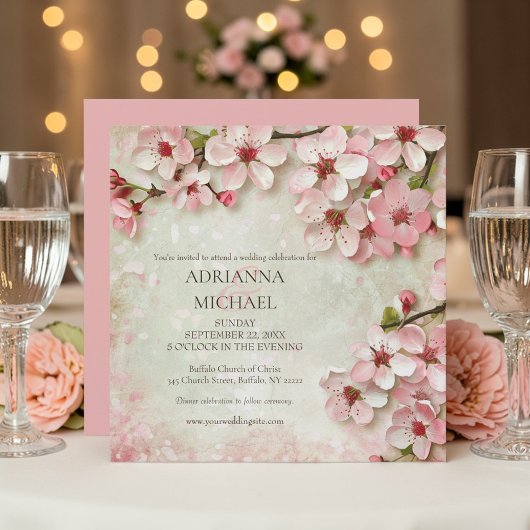 Elegant Pink Flowers Floral Wedding Invitation 招待状
