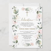 Elegant Pink Flowers Gold Greenery Dedication 招待状 (正面)