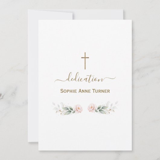 Elegant Pink Flowers Gold Greenery Dedication 招待状 (裏面)
