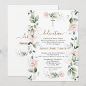 Elegant Pink Flowers Gold Greenery Dedication 招待状 (正面/裏面)