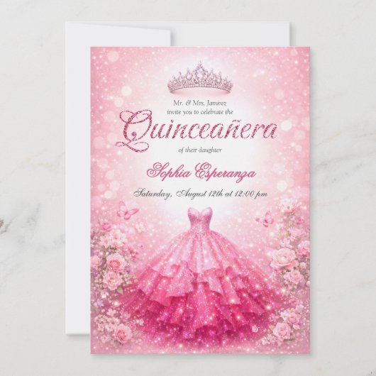Elegant Pink & Fuchsia Quinceanera 招待状 (正面)