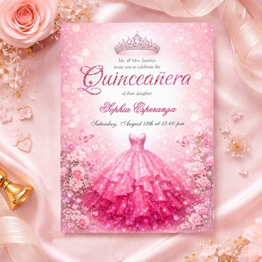 Elegant Pink & Fuchsia Quinceanera 招待状