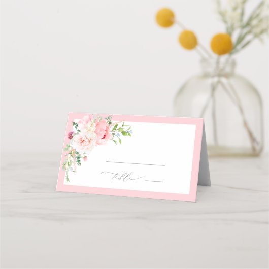 Elegant Pink Garden Flowers Bridal Shower プレイスカード (正面)
