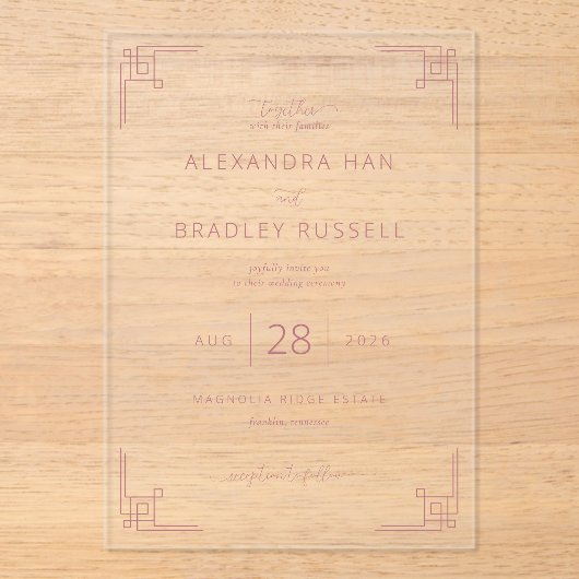 Elegant Pink Geometric Wedding Invitation アクリル招待状 (正面)