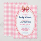 Elegant Pink Gingham & Bow Baby Shower Invitation 招待状 (正面/裏面)