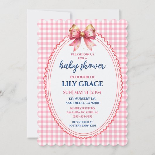 Elegant Pink Gingham & Bow Baby Shower Invitation 招待状 (正面)