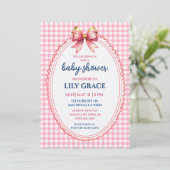 Elegant Pink Gingham & Bow Baby Shower Invitation 招待状 (スタンド正面)