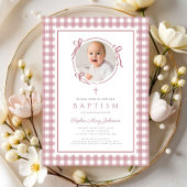 Elegant Pink Gingham Bow Photo Girl Baptism 招待状