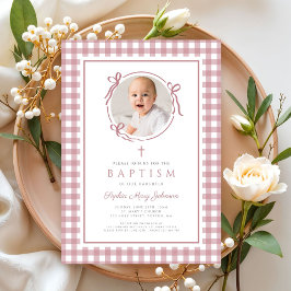 Elegant Pink Gingham Bow Photo Girl Baptism 招待状