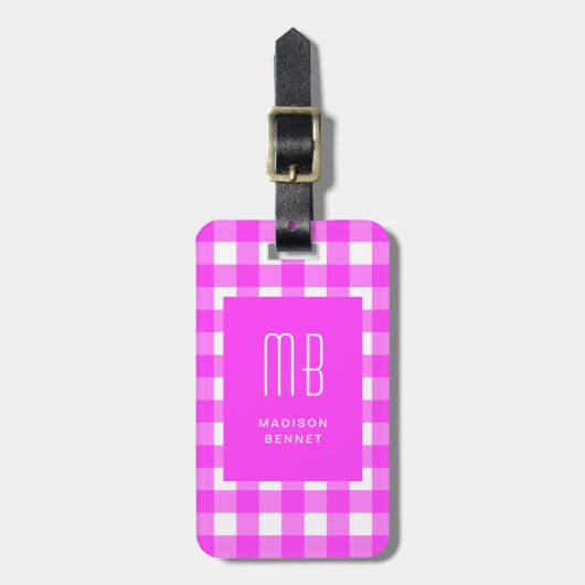 Elegant Pink Gingham Monogram ラゲッジタグ (正面縦)
