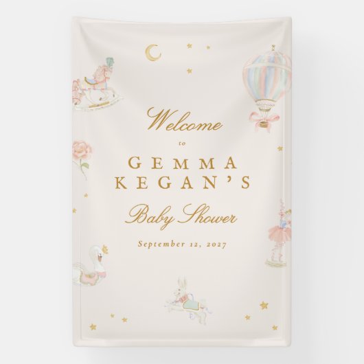elegant pink girl fairytale Baby Shower welcome 横断幕 (縦)