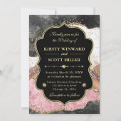 Elegant Pink Gold Agate Marble Glitter Wedding 招待状 (正面)