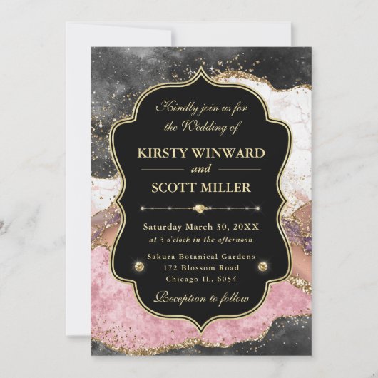Elegant Pink Gold Agate Marble Glitter Wedding 招待状 (正面)
