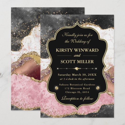 Elegant Pink Gold Agate Marble Glitter Wedding 招待状 (正面/裏面)