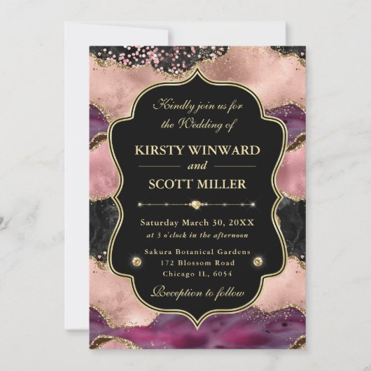 Elegant Pink Gold Agate Marble Glitter Wedding 招待状 (正面)