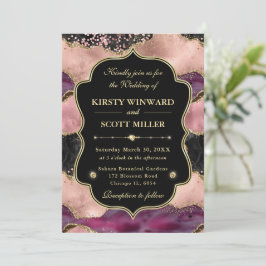 Elegant Pink Gold Agate Marble Glitter Wedding 招待状