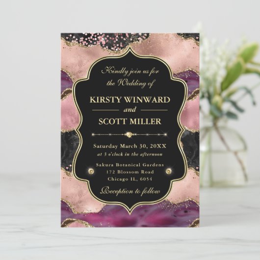 Elegant Pink Gold Agate Marble Glitter Wedding 招待状 (スタンド正面)