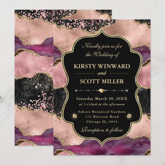 Elegant Pink Gold Agate Marble Glitter Wedding 招待状 (正面/裏面)