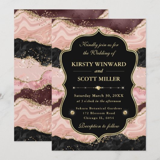 Elegant Pink Gold Agate Marble Glitter Wedding 招待状 (正面/裏面)