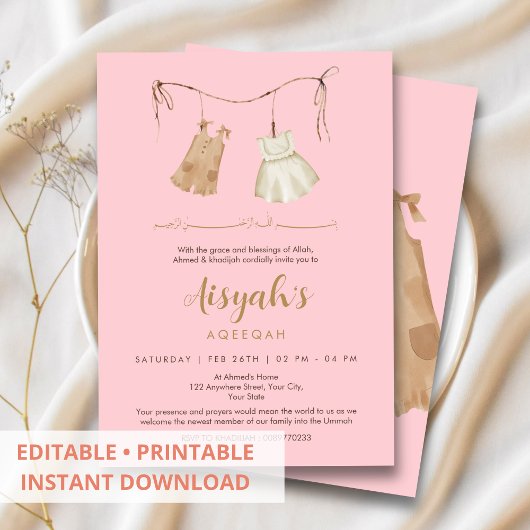 Elegant Pink & Gold Baby Girl Aqiqah Invitation 招待状